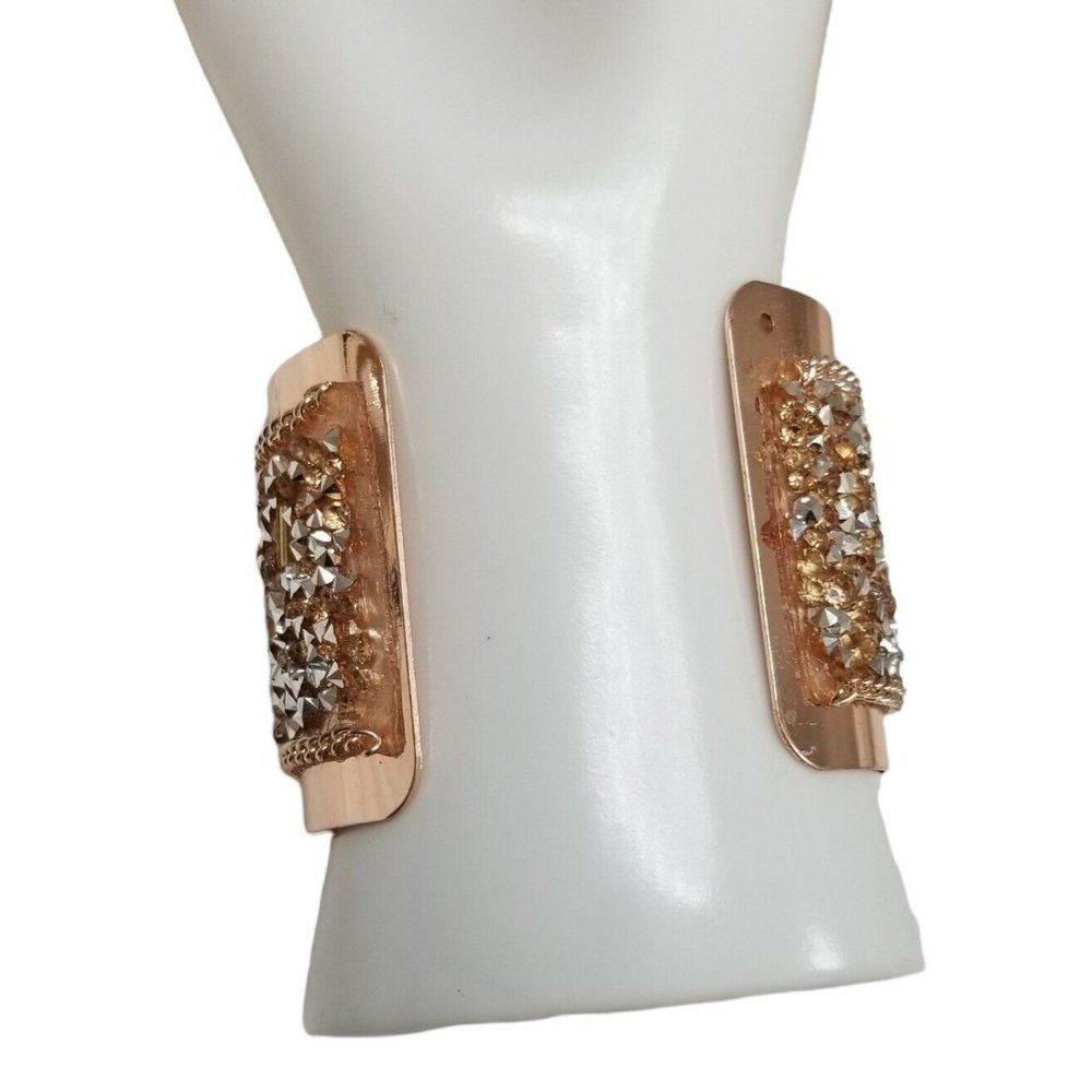 Copper Rose Gold Rhinestone Crush Glass Silver Studs Beaded Metal Cuff Bracelet - Picture 9 of 12